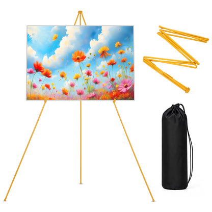 66" Easel Stand for Sign, Poster Stand and Wedding Sign, Lightweight Foldable Metal Tripod with Carry Bag for Welcome Sign, Poster Display, Foam Board and Floor Use, Gold (Supports 5 Pounds)