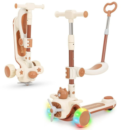 3-Wheeled Kids Scooter with Foldable Seat, Adjustable Handlebar & Push Bar, Light-up Wheels, Kick Scooter Sit or Stand Ride Kids Scooter with Brake for Boys Girls