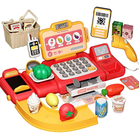 Toy Cash Registers for Pretend Play Cash Register with Scanner, Calculator, Play Money and Credit Card Supermarket Grocery Store Toys for Gift, Red