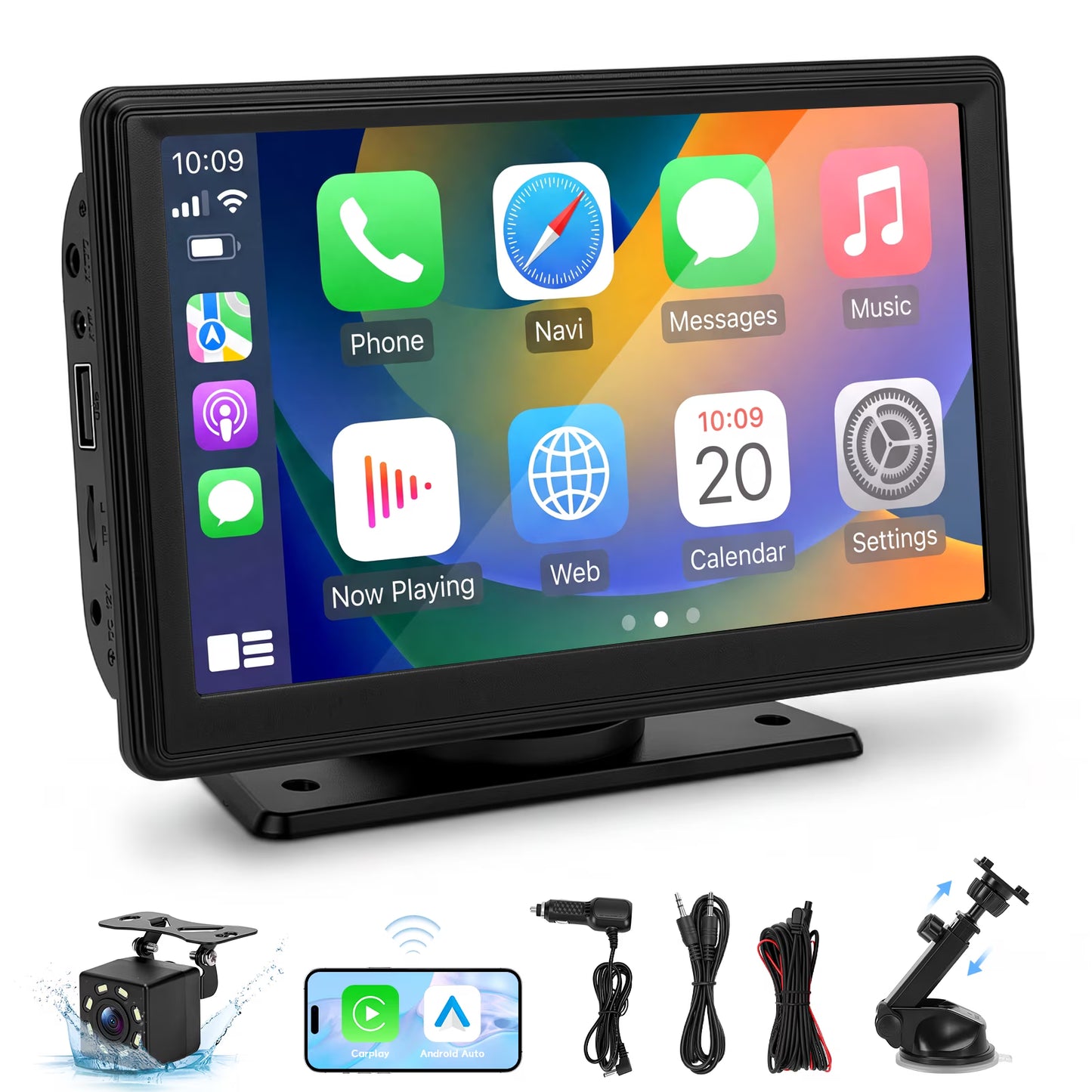 7" Wireless Carplay Screen for Car Portable Stereo Touchscreen with CarPlay and Android Auto with Mirror Link/Backup Camera/Bluetooth/Voice Control/GPS Navigation/AUX for All Vehicles