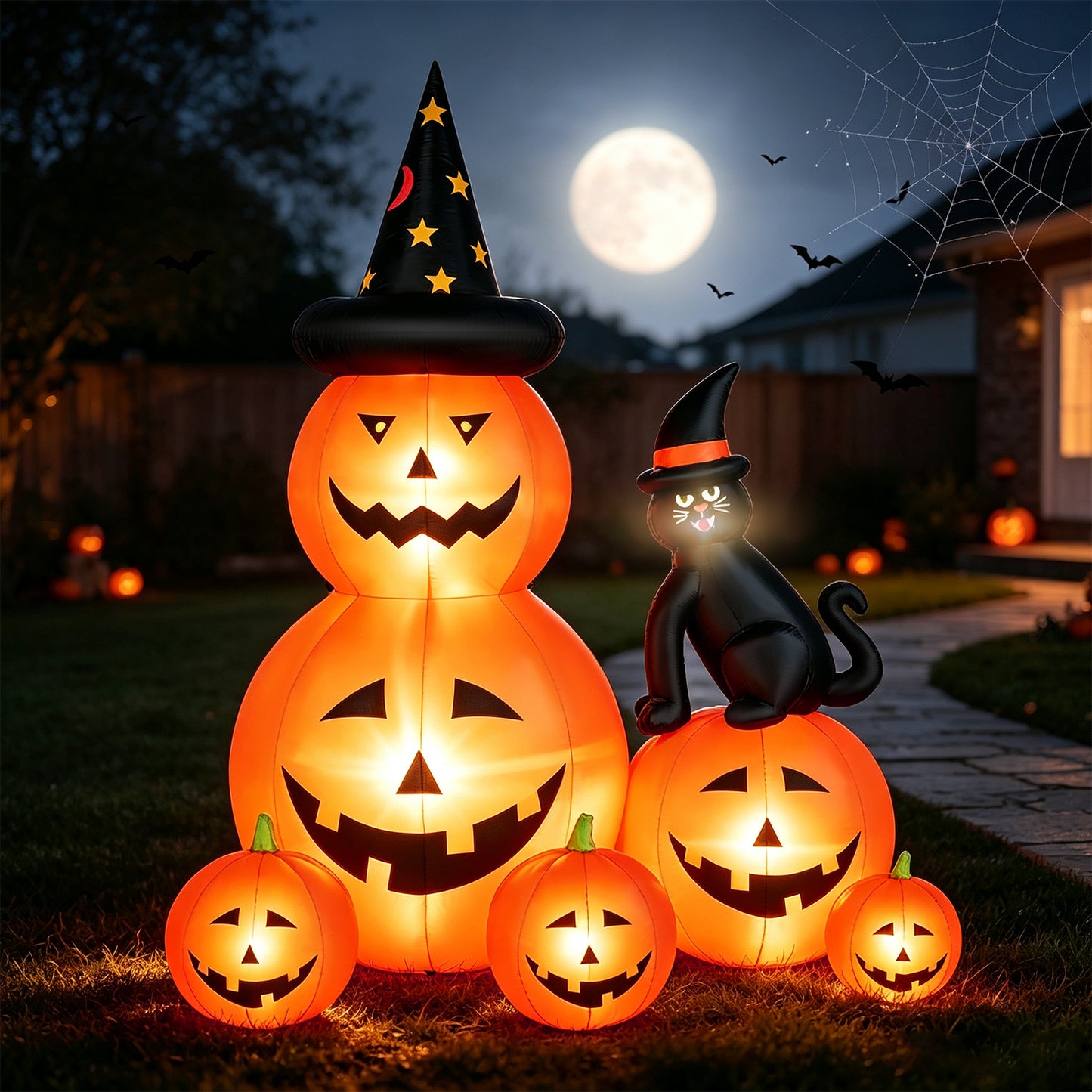 Halloween Inflatables Outdoor, 6FT Cute & Lighted Blow Up Decoration Pumpkin Family with Witch Hat and Black Cat, Large Halloween Inflatables Decorations with Lights for Yard, Holiday, Home