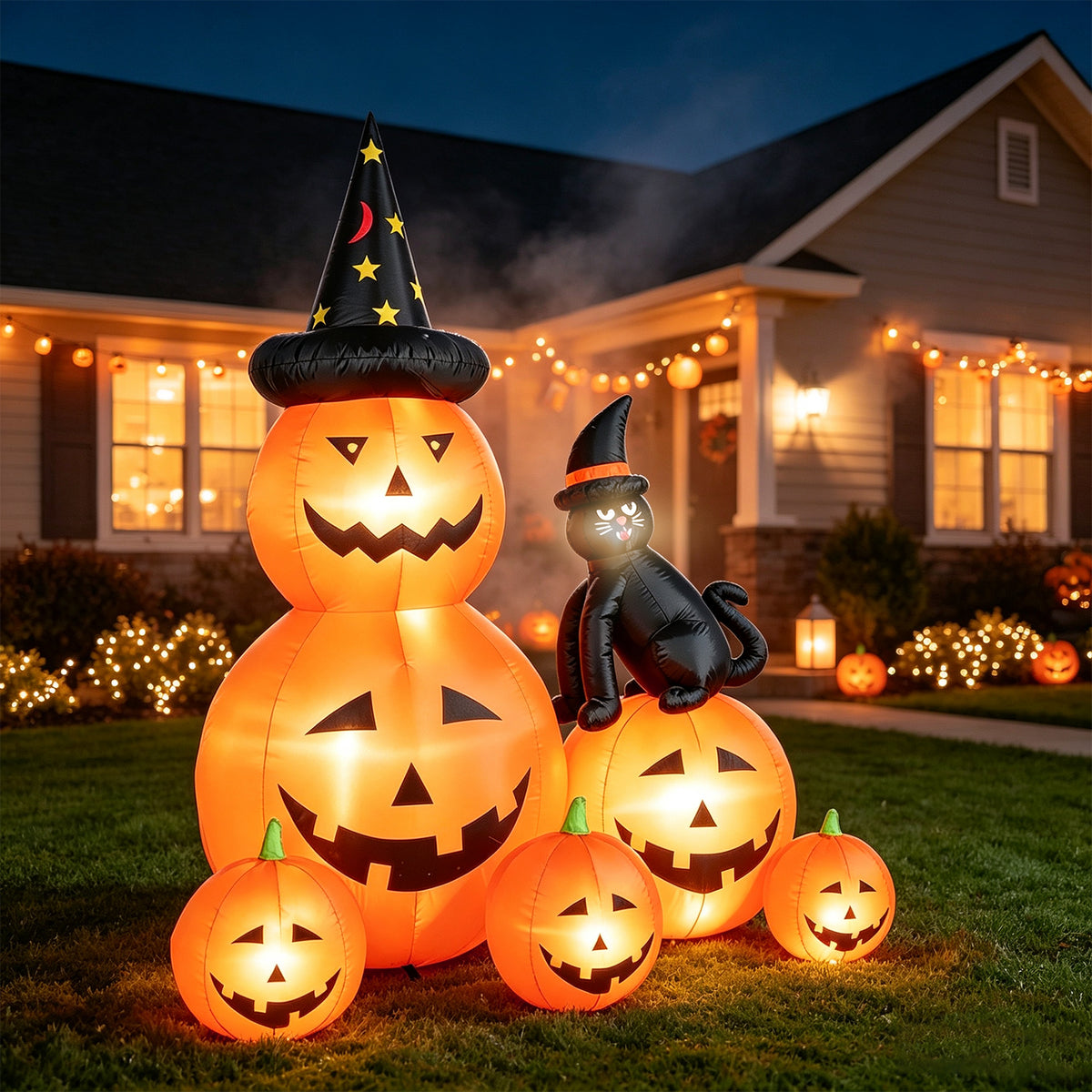 Halloween Inflatables Outdoor, 6FT Cute & Lighted Blow Up Decoration Pumpkin Family with Witch Hat and Black Cat, Large Halloween Inflatables Decorations with Lights for Yard, Holiday, Home