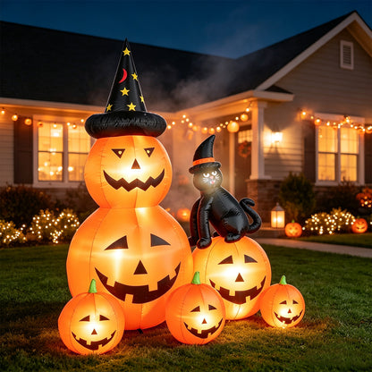 Halloween Inflatables Outdoor, 6FT Cute & Lighted Blow Up Decoration Pumpkin Family with Witch Hat and Black Cat, Large Halloween Inflatables Decorations with Lights for Yard, Holiday, Home