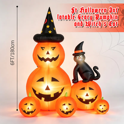 Halloween Inflatables Outdoor, 6FT Cute & Lighted Blow Up Decoration Pumpkin Family with Witch Hat and Black Cat, Large Halloween Inflatables Decorations with Lights for Yard, Holiday, Home
