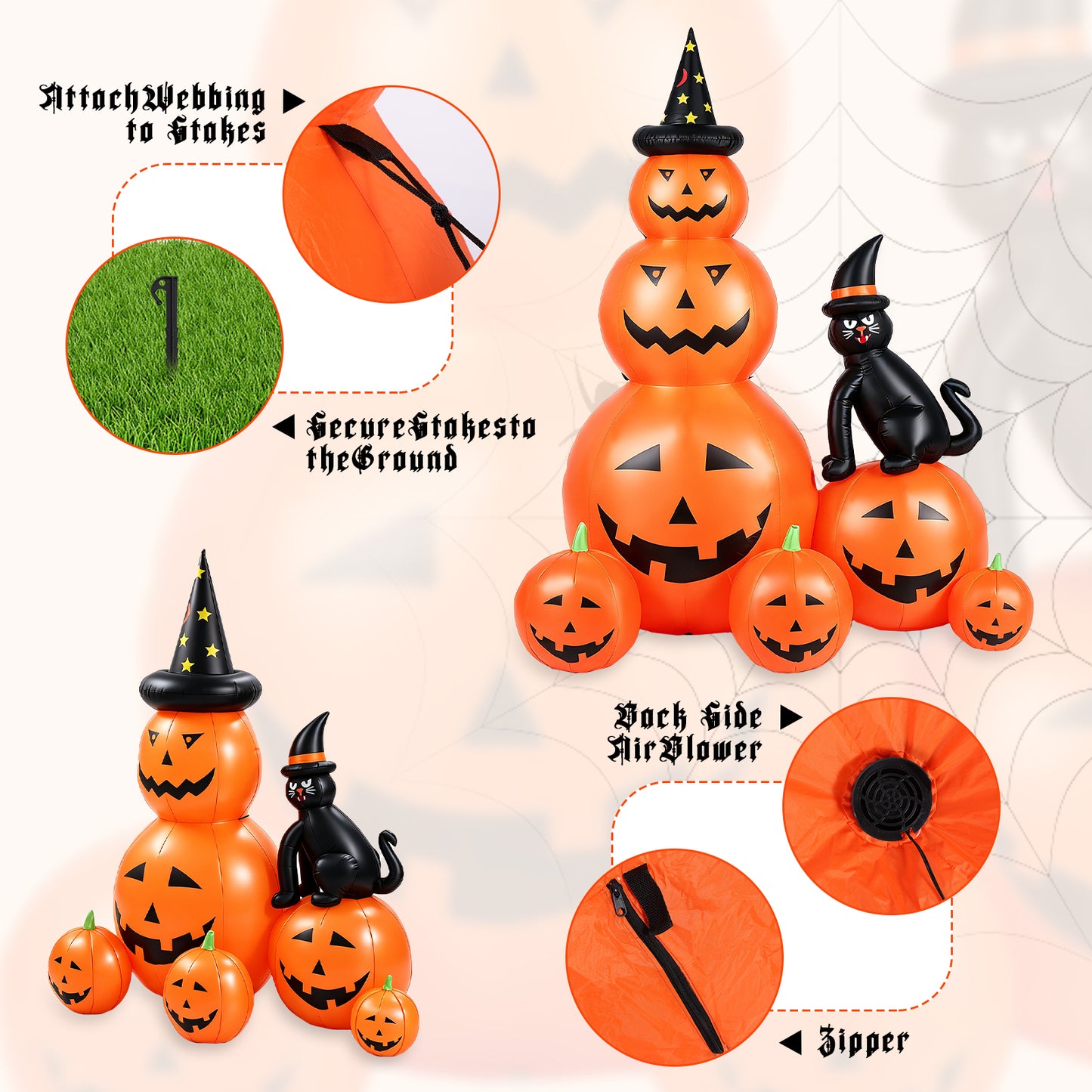 Halloween Inflatables Outdoor, 6FT Cute & Lighted Blow Up Decoration Pumpkin Family with Witch Hat and Black Cat, Large Halloween Inflatables Decorations with Lights for Yard, Holiday, Home