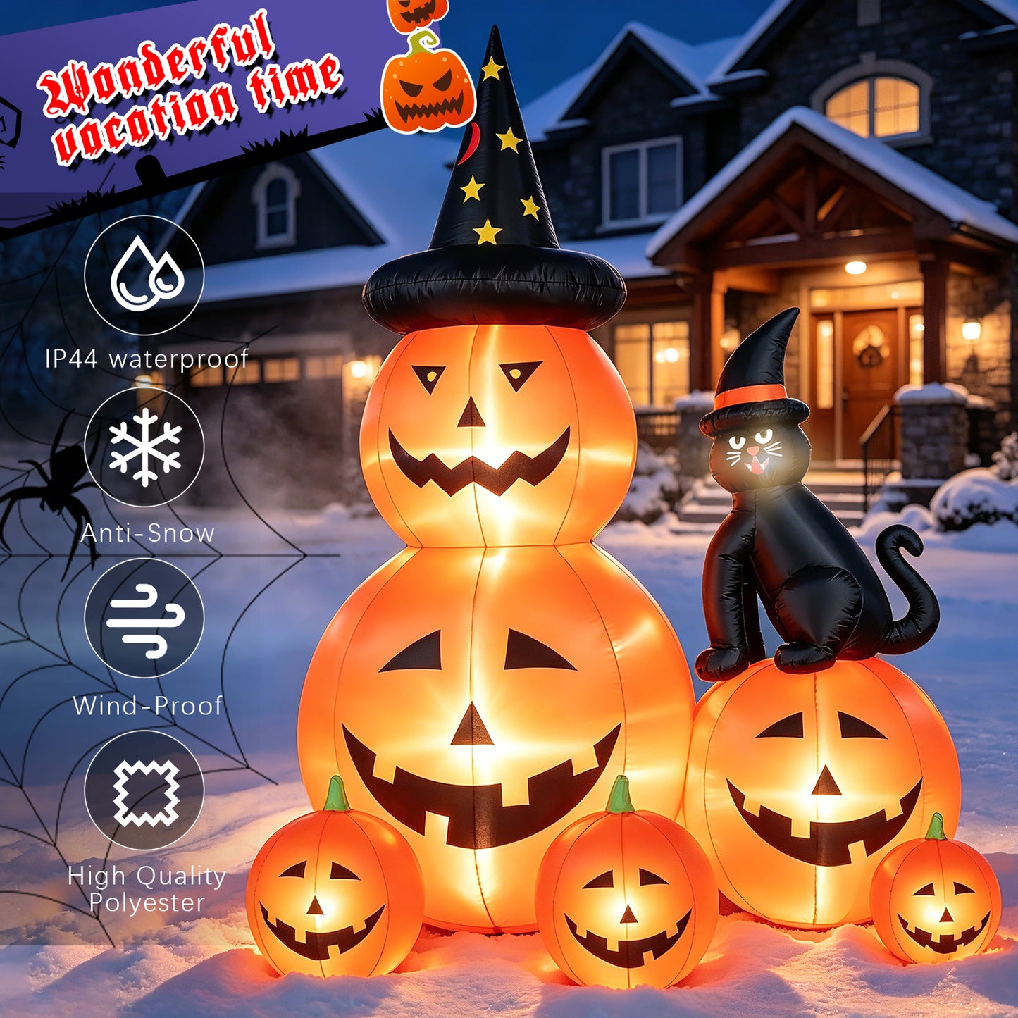 Halloween Inflatables Outdoor, 6FT Cute & Lighted Blow Up Decoration Pumpkin Family with Witch Hat and Black Cat, Large Halloween Inflatables Decorations with Lights for Yard, Holiday, Home