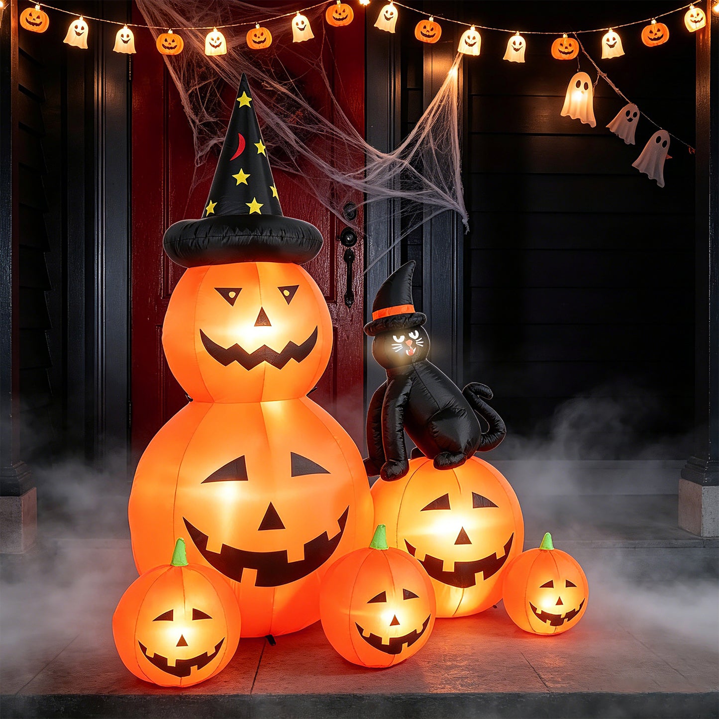 Halloween Inflatables Outdoor, 6FT Cute & Lighted Blow Up Decoration Pumpkin Family with Witch Hat and Black Cat, Large Halloween Inflatables Decorations with Lights for Yard, Holiday, Home