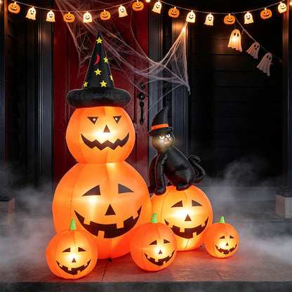 Halloween Inflatables Outdoor, 6FT Cute & Lighted Blow Up Decoration Pumpkin Family with Witch Hat and Black Cat, Large Halloween Inflatables Decorations with Lights for Yard, Holiday, Home