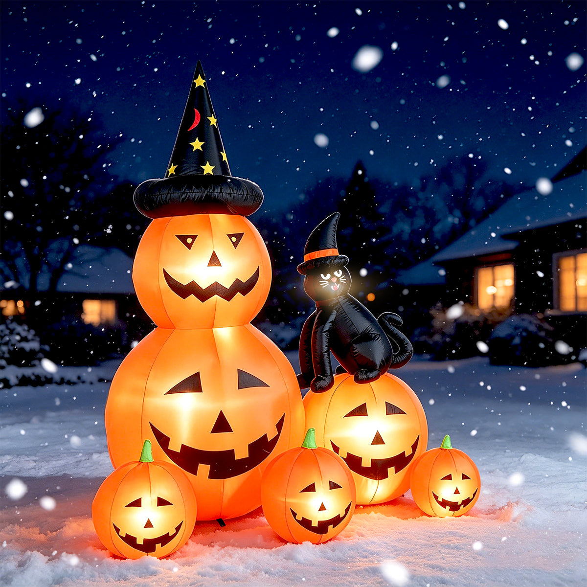 Halloween Inflatables Outdoor, 6FT Cute & Lighted Blow Up Decoration Pumpkin Family with Witch Hat and Black Cat, Large Halloween Inflatables Decorations with Lights for Yard, Holiday, Home