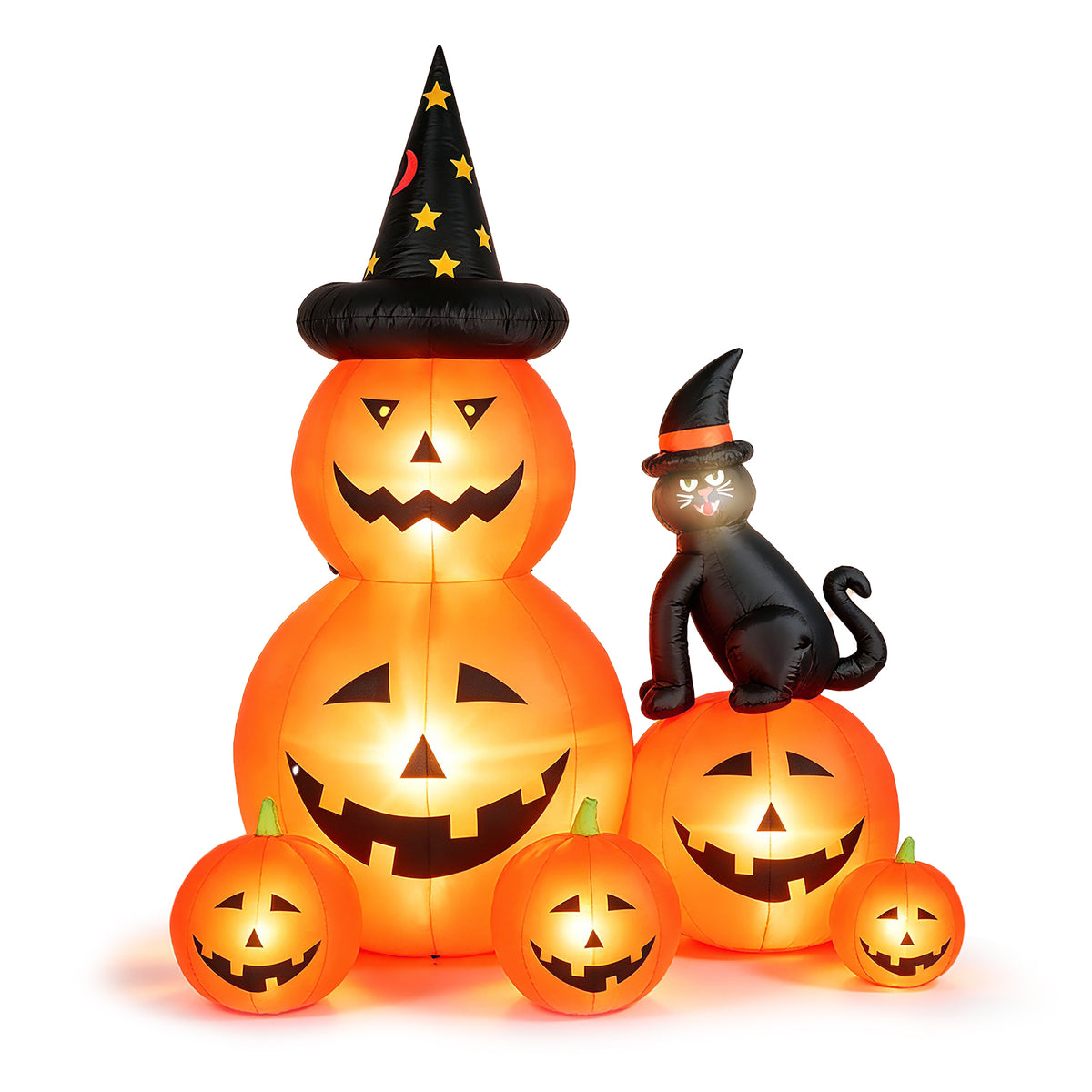 Halloween Inflatables Outdoor, 6FT Cute & Lighted Blow Up Decoration Pumpkin Family with Witch Hat and Black Cat, Large Halloween Inflatables Decorations with Lights for Yard, Holiday, Home