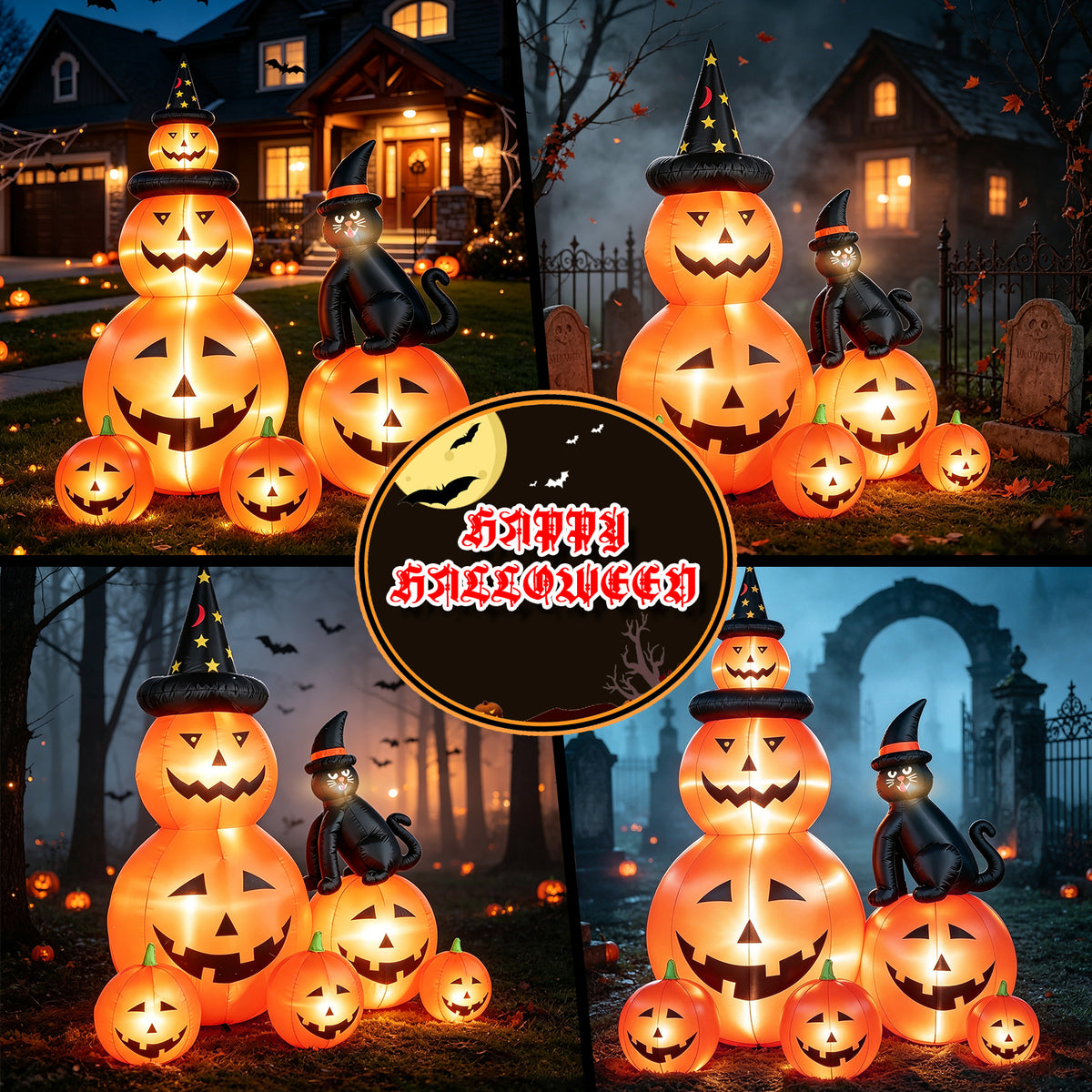Halloween Inflatables Outdoor, 6FT Cute & Lighted Blow Up Decoration Pumpkin Family with Witch Hat and Black Cat, Large Halloween Inflatables Decorations with Lights for Yard, Holiday, Home