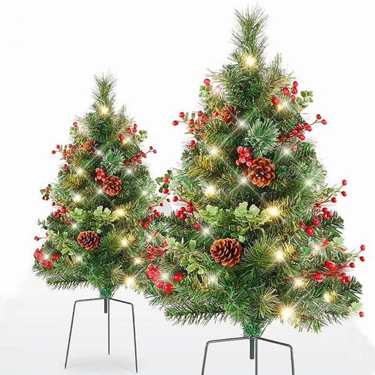 2 Set Pathway Christmas Trees 24.5in with Tripod Stake, Artificial Mini Xmas Trees with Lights, 12 PineCones & 24 Berries, Pre-Lit Holiday Outdoor Christmas Decorations for Porch Driveway Yard Garden
