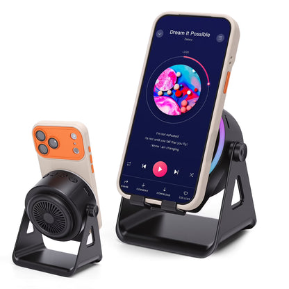 Wireless Induction Speaker 5-in-1 Bluetooth Speaker with Phone Stand, Stereo Sound, 7 RGB Ambient Light, 360° Adjustable Holder for iPhone/Android/iPad, Gifts for Men Women (Black)