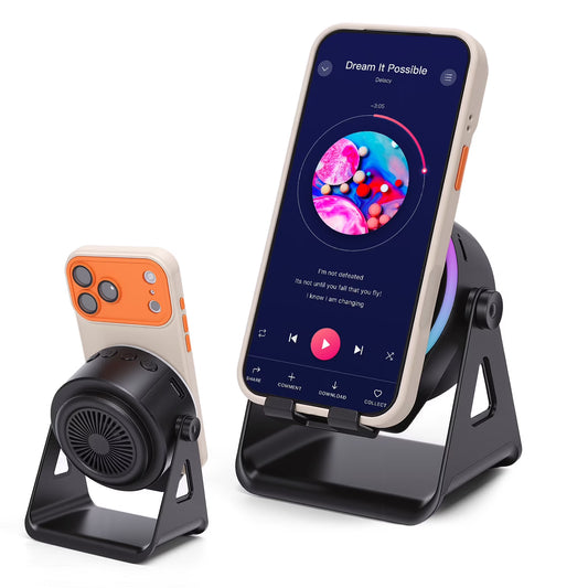 Wireless Induction Speaker 5-in-1 Bluetooth Speaker with Phone Stand, Stereo Sound, 7 RGB Ambient Light, 360° Adjustable Holder for iPhone/Android/iPad, Gifts for Men Women (Black)