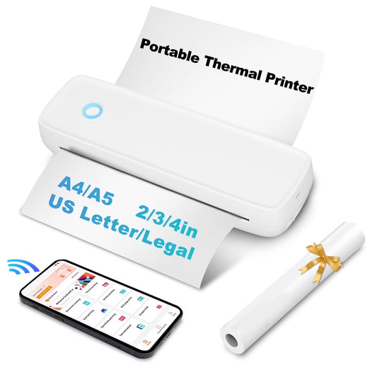 Wireless Portable Printers, Bluetooth Thermal Printer Support 8.5" X 11" US Letter & A4 Thermal Paper, Inkless Printer Compatible with Android iOS & Laptop for Travel Office Car Home, White
