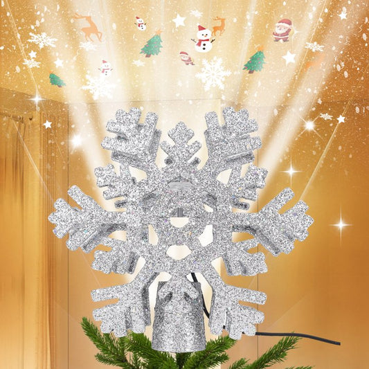 Christmas Tree Toppers Lighted with 3 Projection Modes, Christmas Tree Snowflake Topper Built-in 3D Glitter LED Rotating Lights, Silver Tree Topper Christmas Decoration for Xmas Party Holiday Home