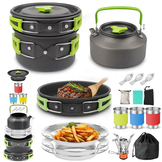 15pcs Camping Cookware Set with Mini Stove, Aluminum Camping Cookware Kit, Folding Camping Cooking Set with Non-stick Pot Pan Teapot Storage Bag for Camping Backpacking Outdoor Cooking Picnic