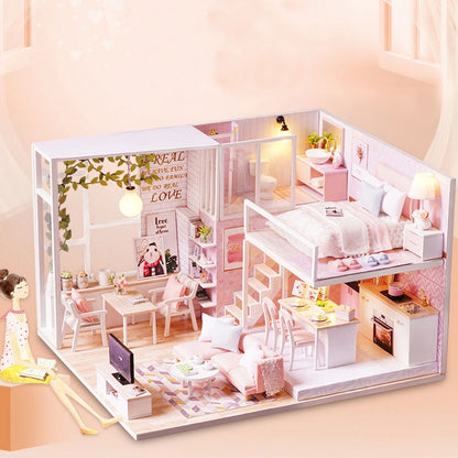 Miniature Dollhouse Kit with LED Light Furniture Wood DIY Mini Doll House Kit for Girls Adult Teens Kids Gift