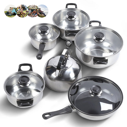 12 Piece Non-Stick Cookware Set, Easy Clean Stainless Steel Non Stick Pots and Pans with Tea Kettle, Black Handle