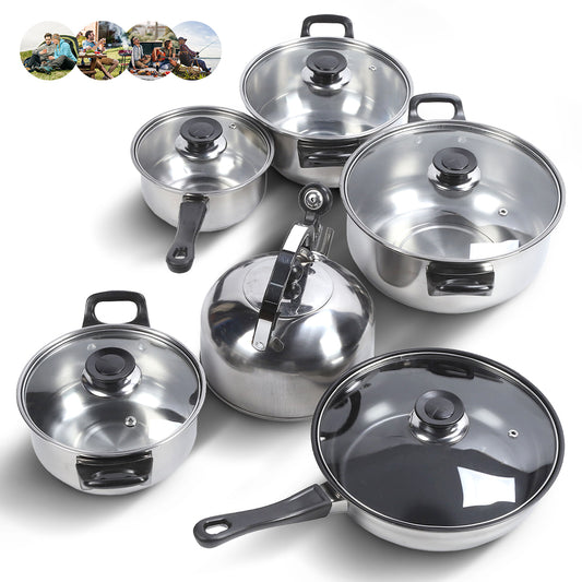 12 Piece Non-Stick Cookware Set, Easy Clean Stainless Steel Non Stick Pots and Pans with Tea Kettle, Black Handle