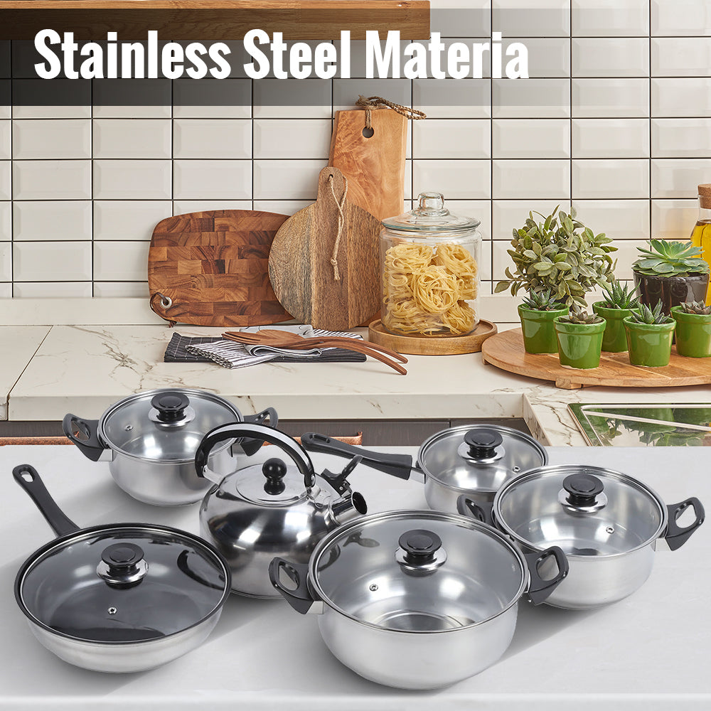 12 Piece Non-Stick Cookware Set, Easy Clean Stainless Steel Non Stick Pots and Pans with Tea Kettle, Black Handle