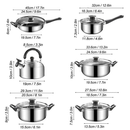 12 Piece Non-Stick Cookware Set, Easy Clean Stainless Steel Non Stick Pots and Pans with Tea Kettle, Black Handle