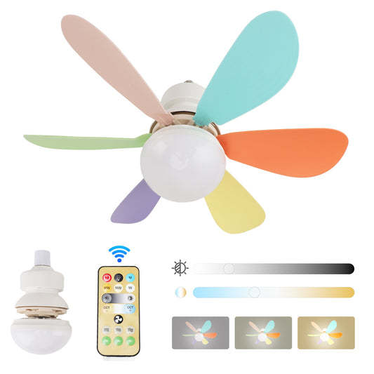 Socket Ceiling Fan Light With Remote, 20.5”Screw Ceiling Fans With Lights, 6 Blades E26/E27 Base Small Ceiling Fan, Dimmable Ceiling Fan, Multicolor Flat Lamp