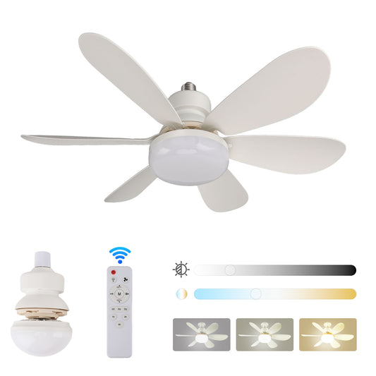Socket Fan Light with Remote, 20.5in Small Ceiling Fan with 3-Speeds, Dimmable LED, E26/E27 Base, 6 Blades Light Socket Fan for Kitchen Bedroom