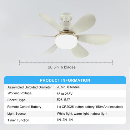Socket Fan Light with Remote, 20.5in Small Ceiling Fan with 3-Speeds, Dimmable LED, E26/E27 Base, 6 Blades Light Socket Fan