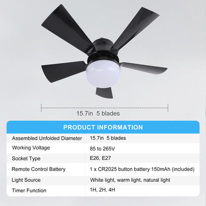 Ceiling Fan Light Dimmable 3 Color Temp 3 Wind Speed 1H 2H 4H Timer E26 Small Fan Lamp with Remote