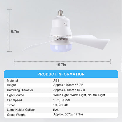 Socket Fan Light with Remote, 16” Screw Ceiling Fans with Lights, E26 Base, Dimmable, Timer, 3 Wind Speed,for Garage Bathroom