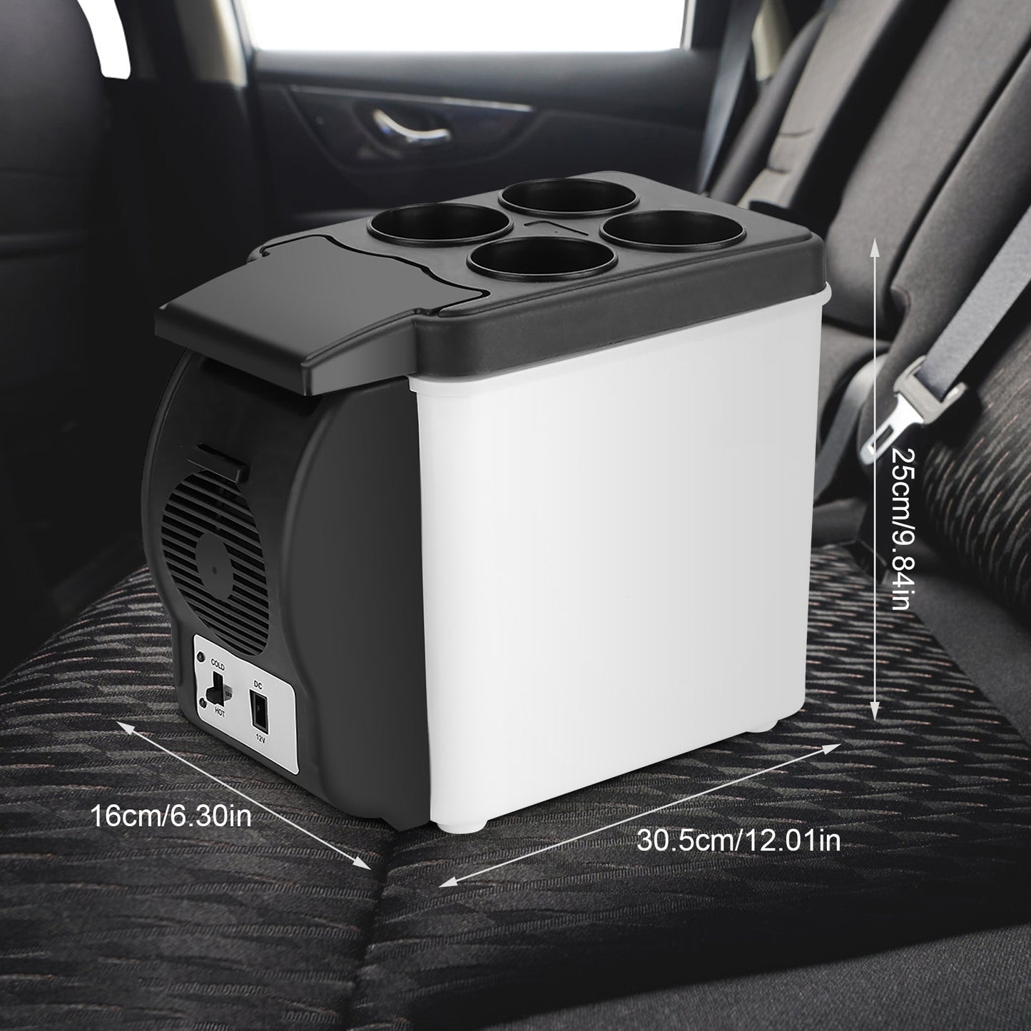 6L Portable Car Refrigerator, Black and White, 12.01" x 9.84" x 6.30"