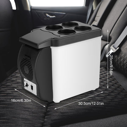 6L Portable Car Refrigerator, Black and White, 12.01" x 9.84" x 6.30"