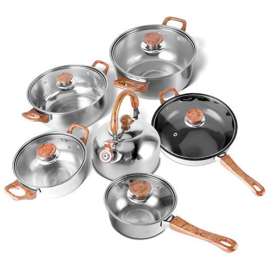 12 Pcs Nonstick Cookware Set, Easy Clean Stainless Steel Non Stick Pots and Pans, Tea Kettle