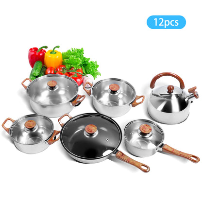 12 Pcs Nonstick Cookware Set, Easy Clean Stainless Steel Non Stick Pots and Pans, Tea Kettle