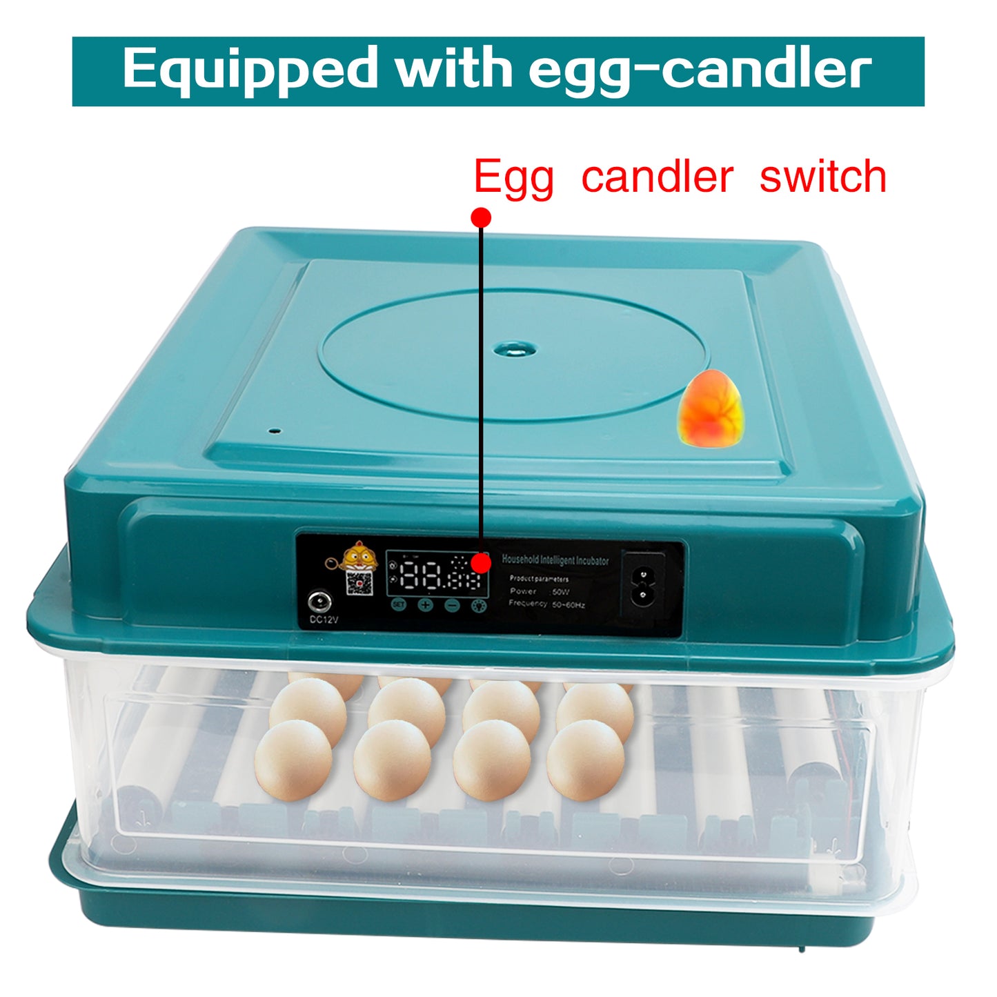 48 Egg Incubator with Temperature and Humidity Monitoring, Egg Candler, Automatic Egg Turner, for Hatching Chickens