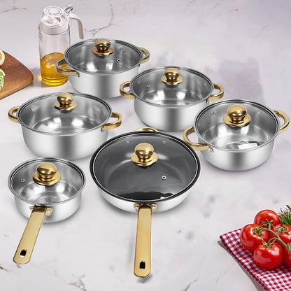 12-Piece Non-Stick Cookware Set, Easy Clean Stainless Steel Nonstick Pots and Pans, Gold Handle