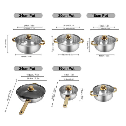 12-Piece Non-Stick Cookware Set, Easy Clean Stainless Steel Nonstick Pots and Pans, Gold Handle