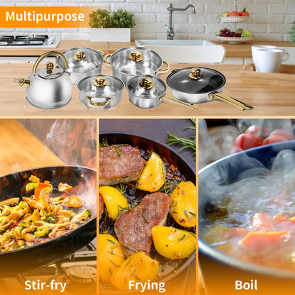 12-Piece Non-Stick Cookware Set, Easy Clean Stainless Steel Nonstick Pots and Pans