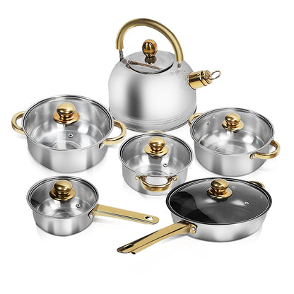 Nonstick Pots And Pans Set, 12 Piece Stainless Steel Non-stick Kitchen Cookware Set Golden Handle Easy Clean