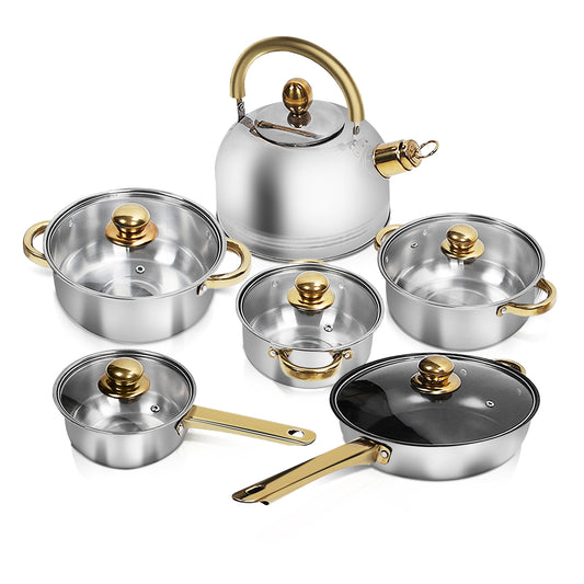 Nonstick Pots And Pans Set, 12 Piece Stainless Steel Non-stick Kitchen Cookware Set Golden Handle Easy Clean