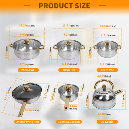 Nonstick Pots And Pans Set, 12 Piece Stainless Steel Non-stick Kitchen Cookware Set Golden Handle Easy Clean