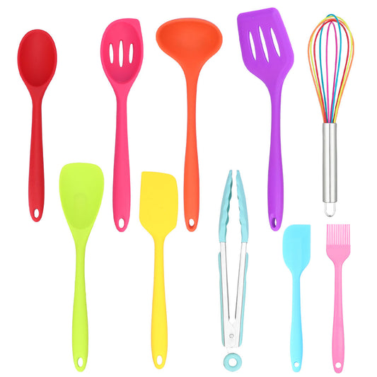 10Pcs Silicone Cooking Utensils Set, 446°F Heat Silicone Kitchen Utensil Set For Cooking,Kitchenware Non Stick Spatula Spoon Eggbeater Brush Cookware Multicolor