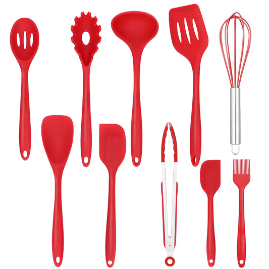 10Pcs Silicone Cooking Utensils Set, 446°F Heat Silicone Kitchen Utensil Set For Cooking,Kitchenware Non Stick Spatula Spoon Eggbeater Brush Cookware Red