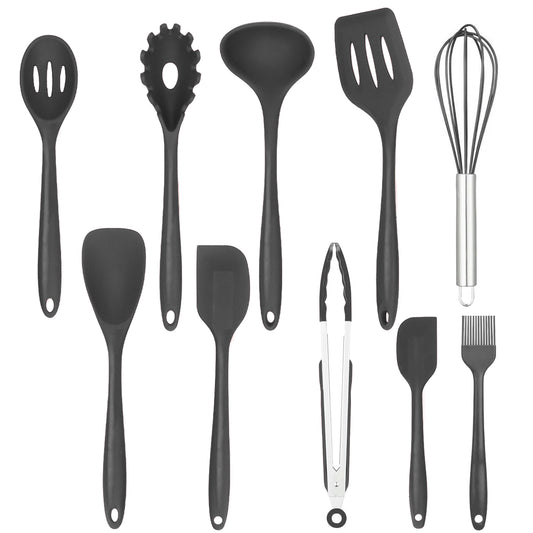 Black Silicone Cooking Utensils Set - 480°F Heat Kitchen Utensils,Turner Tongs,Spatula,Spoon,Brush,Whisk,Kitchen Utensil Gadgets Tools Set for Non-stick Cookware,Dishwasher Safe