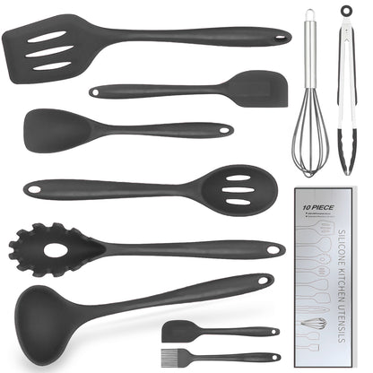 Black Silicone Cooking Utensils Set - 480°F Heat Kitchen Utensils,Turner Tongs,Spatula,Spoon,Brush,Whisk,Kitchen Utensil Gadgets Tools Set for Non-stick Cookware,Dishwasher Safe