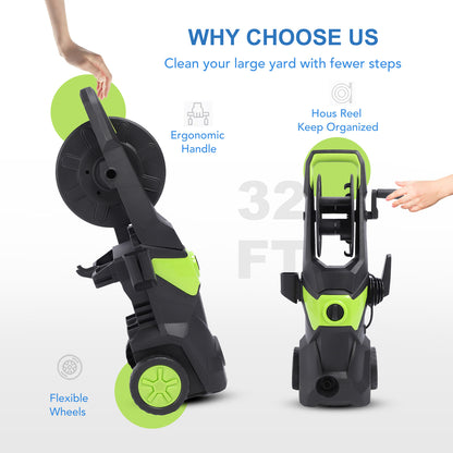 Electric Pressure Washer, 4000 Max PSI, 2.4 GPM Power Washer Machine with Hose Reel, 32FT Hose, 5 Quick Connect Nozzles, Foam Cannon Portable to Clean Patios, Cars, Fences, Driveways