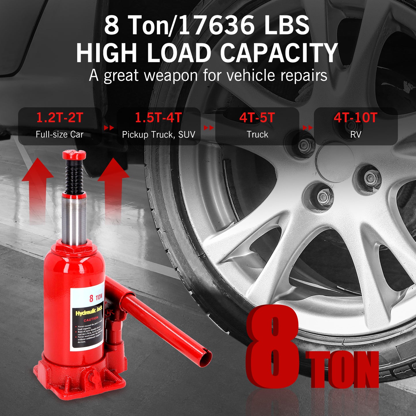 8 Ton Hydraulic Welded Bottle Jack, Red Jack for Car Repair