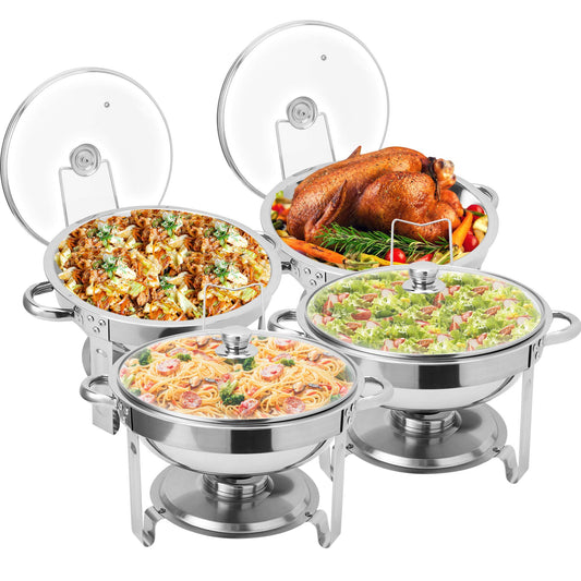 Chafing Dish Buffet Set, 4 Pack 5QT Stainless Steel Chafing Dishes For Buffet With Glass Lid & Lid Holder, Round Chafers And Buffet Warmers Sets For Parties, Events, Wedding, Camping