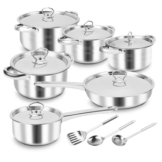 15 Piece Stainless Steel Cookware Set, Stainless Steel Pots And Pans Set With Lids, Dishwasher Safe, Silver